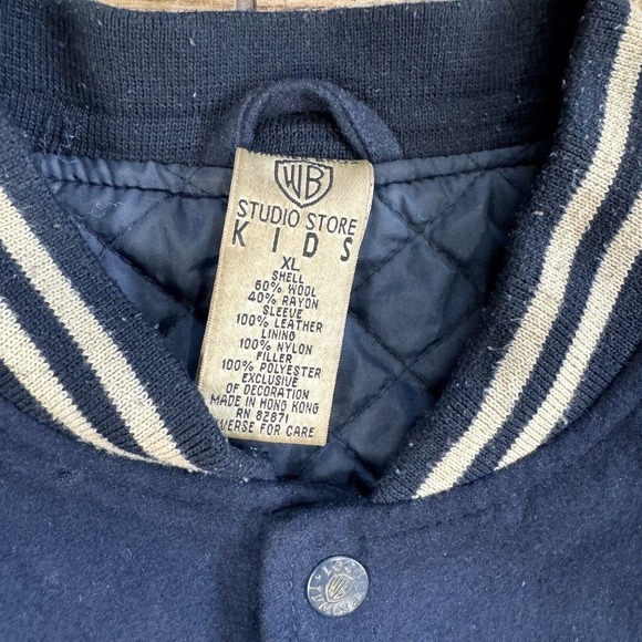 90s Warner Bros Studio Store Kids Wool Leather Varsity Jacket Blue Size XL - Picture 6 of 11